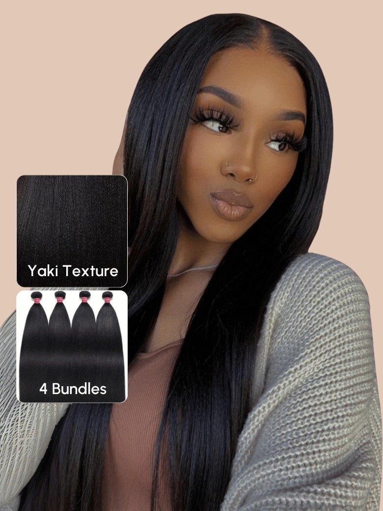 Nadula Virgin Yaki Straight Unprocessed Hair Weave With 4X4x0.75 Middle Part Lace Closure