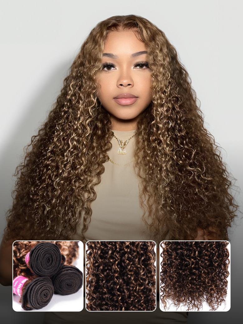Nadula Brown 4 Bundles Piano Honey Blond Jerry Curly Hair 100% Human Hair Weave Unprocessed Hair Extension
