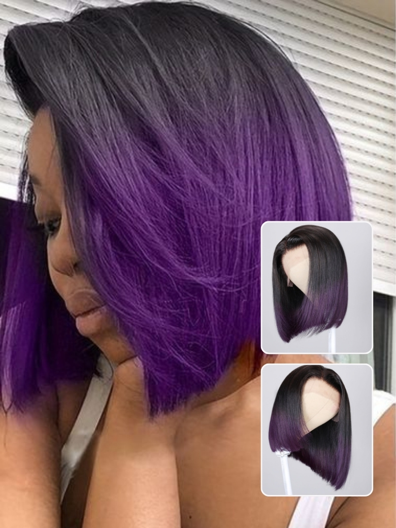 Nadula Ombre Black To Purple Straight Bob Wigs 13x4 Lace Front Human Hair Wig 263$