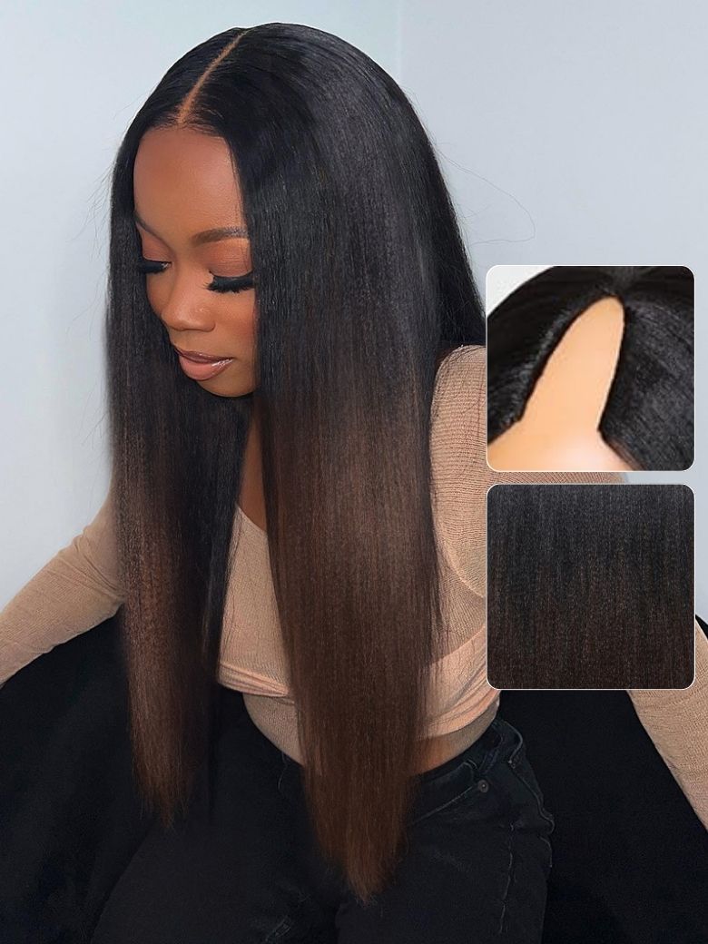 Nadula Lifesaver ScalpLook™ V Part Yaki Straight Chestnut Brown Ombre Color Lightweight Glueless Human Hair V Part Wigs