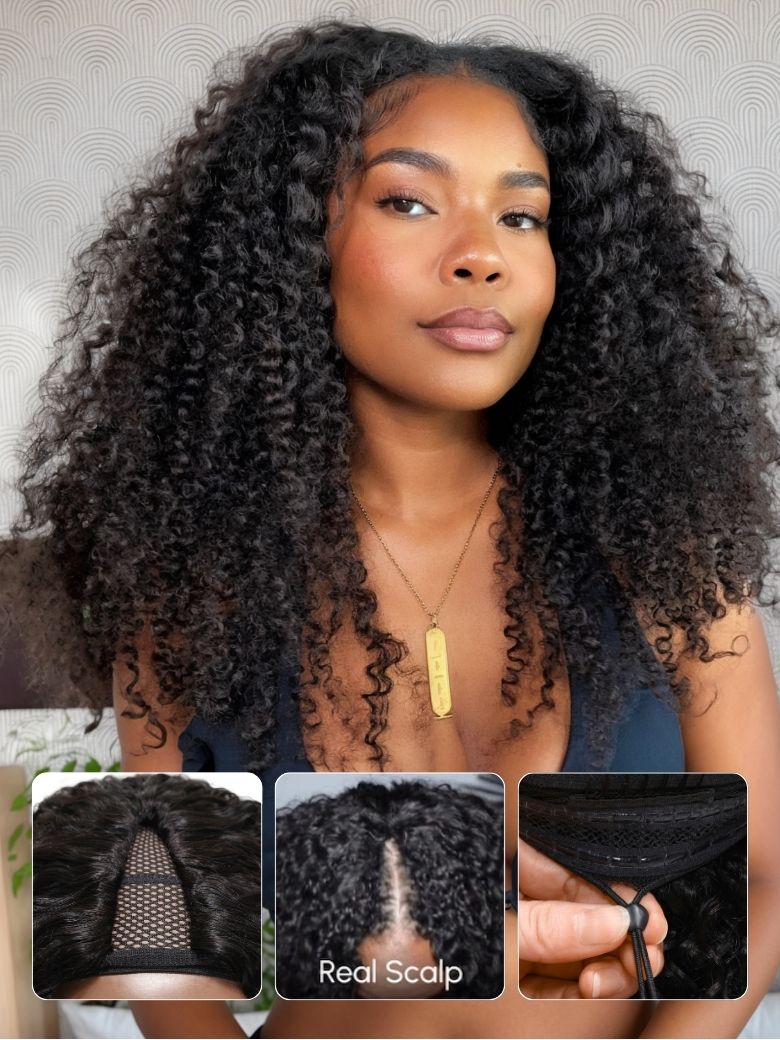 Nadula Women's Scalplook™ Glueless Kinky Curly V Part Wig Burmese Curly Wig With Juicy Finger Coils No Leave Out