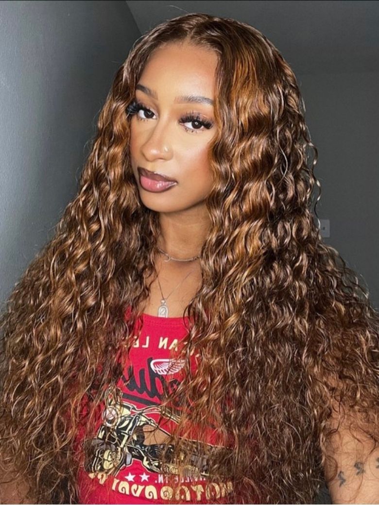 Nadula Warm Caramel Brown Water Wave Wig with Honey Highlights Sun-Kissed Golden Brown Body Wave Hum