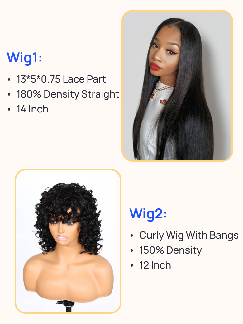 1292 Wigs Nadula 14 Inch T Part Straight Wig and 12 Inch Bouncy Curls Glueless Wig with Bang 258$