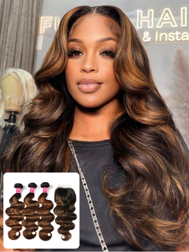 Nadula Highlight Ombre Human Hair Bundles With Closure Balayage Color Body Wave 3 Bundles With Lace Closure