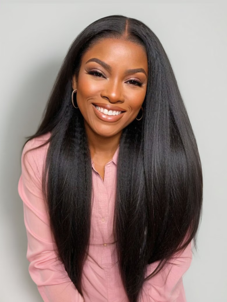 Nadula ScalpLook鈩?V Part Yaki Straight Glueless Human Hair Wigs Light Kinky Straight Wig