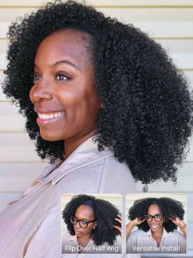 Nadula Women's Afro Curly Blend & Secure Half Wig 4C Kinky Curly Human Hair 3/4 Half Wig Beginner Friendly