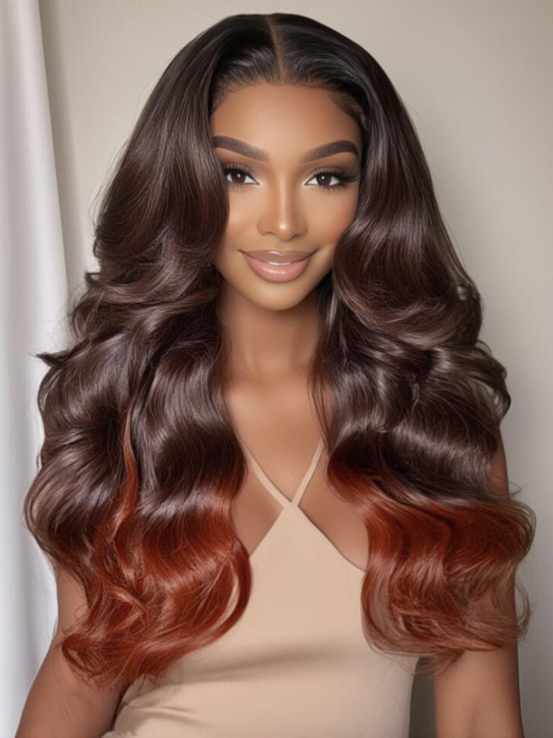 Nadula 13x4 Lace Front Red-Brown With Orangey Highlights Wig Long Wavy With Curtain Bangs Ear To Ear Lace Put on and Go Wig 301$