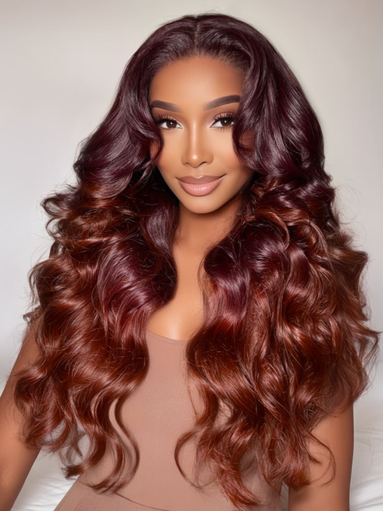 Nadula Deep Auburn Long Layered Wavy Hair 13x4 Pre-everything Loose Body Wave With Curtain Bangs Glueless Human Hair Wig 216$