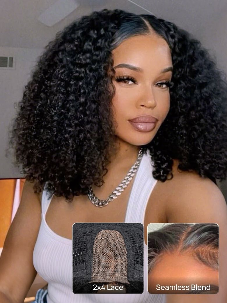 Nadula Women's Afro Curly 2X4 Lace Minimal Real-Part Lace 3/4 Half Wig Put On And Go Kinky Curly Human Hair Wigs With Invisi Drawstring