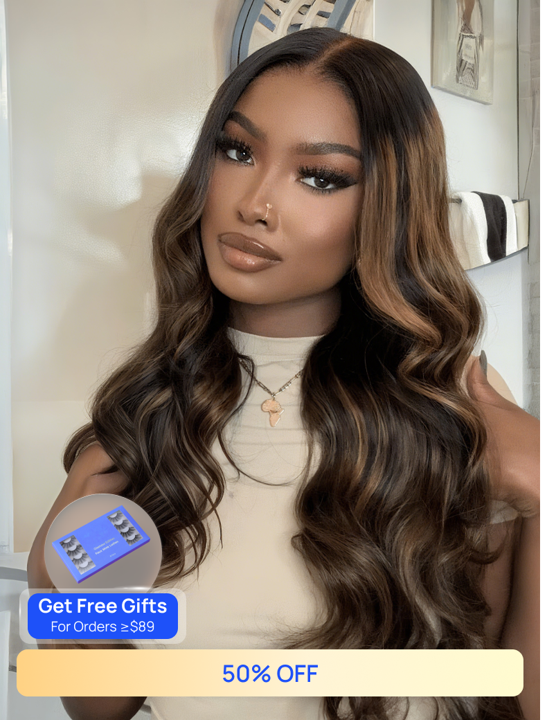 Nadula Flash Sale Highlight Balayage Body Wave Invisible Lace Put On And Go Human Hair Wigs with Drawstring 118$