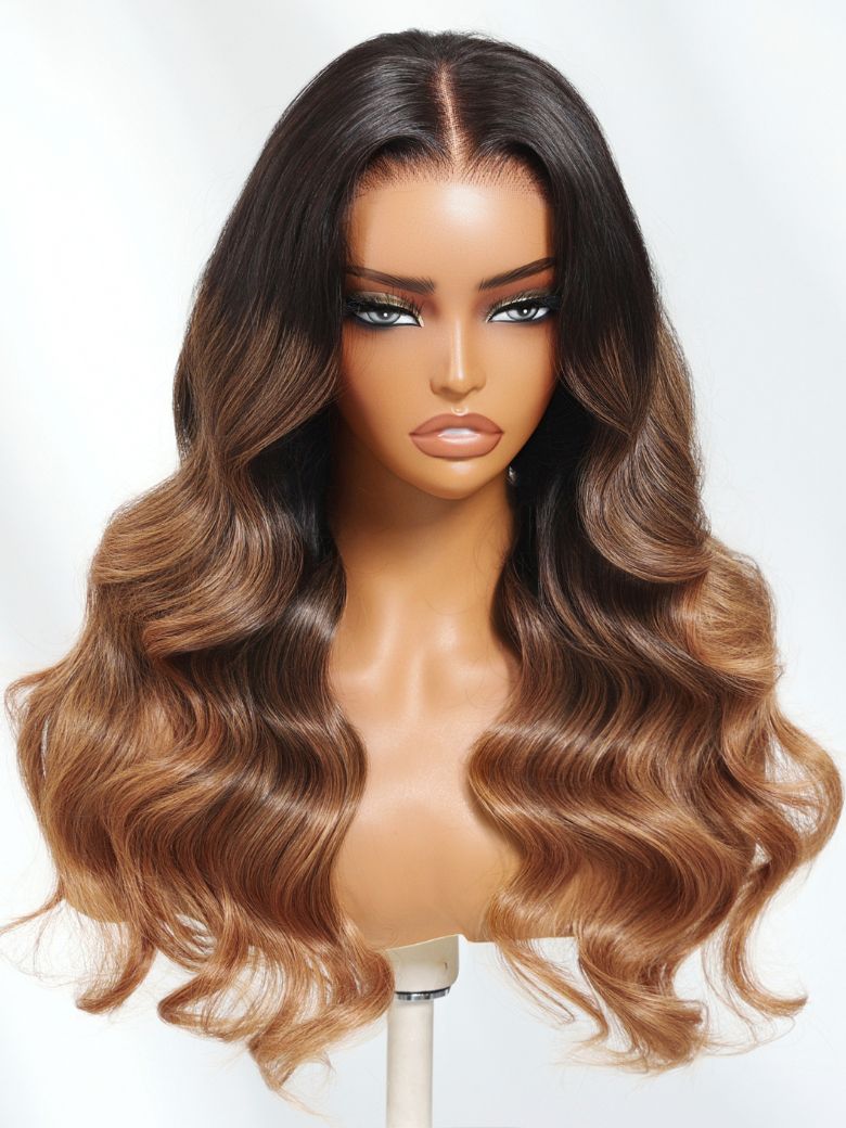 Nadula 13x4 Golden Caramel Balayage Black to Copper Brown Two Toned Loose Wave Curls Put On And Go W
