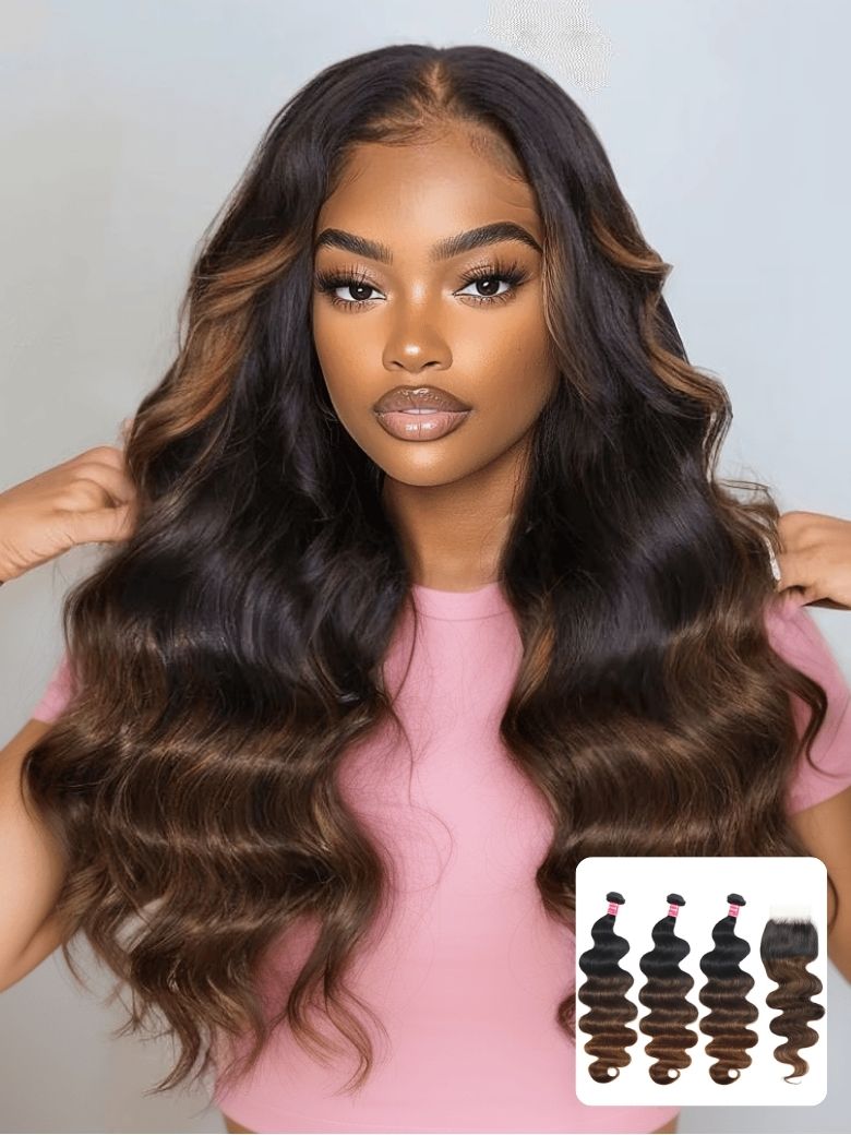 Nadula Body Wave Chestnut Brown Ombre Color 3 Bundles with 4x4 Inch Free Part Lace Closure 100% Huma