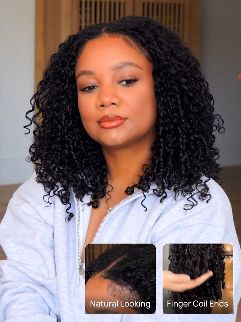 Nadula Women's Black Scalplook™ Glueless Burmese Curly Wig With Finger Coil Ends V Part Layered Coily Wigs No Leave Out