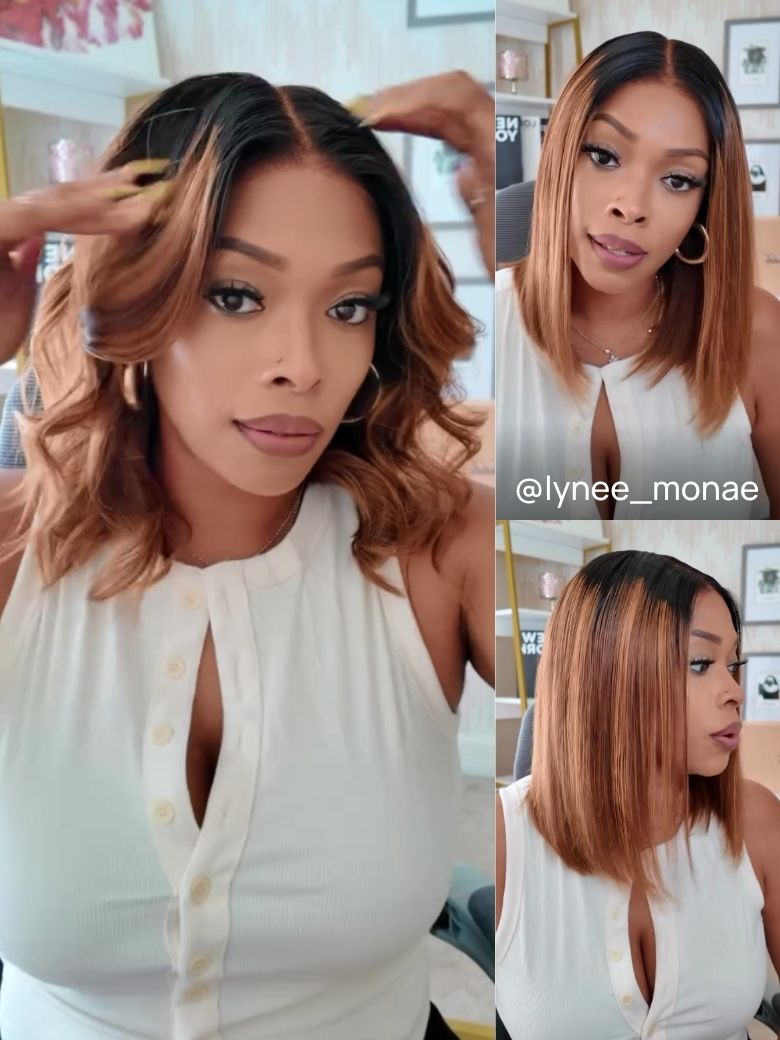 Nadula Brown/Dark 7X5 Honey Piano Highlight Bob Wig With Roots Put On And Go Wig Invisible Knots Wig