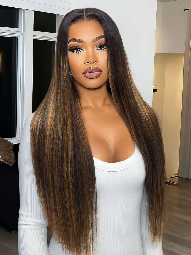Nadula 13x4 Pre everything Yaki Straight Hair Highlight Balayage Lace Front Shadow Root Wig Put on and Go Human Hair Wigs 229$