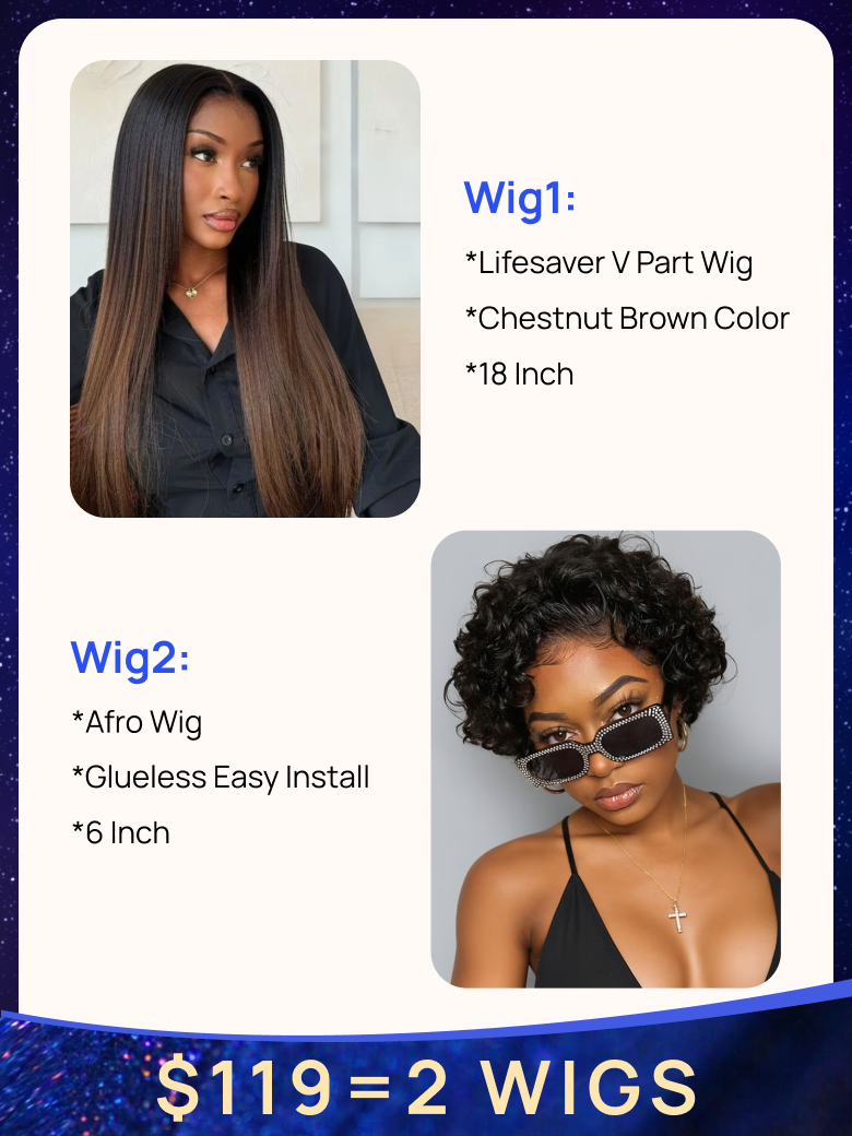 119 2 Wigs Nadula 18 Inch Lifesaver EasiContour V Part Wig and Afro Glueless Wig 397$