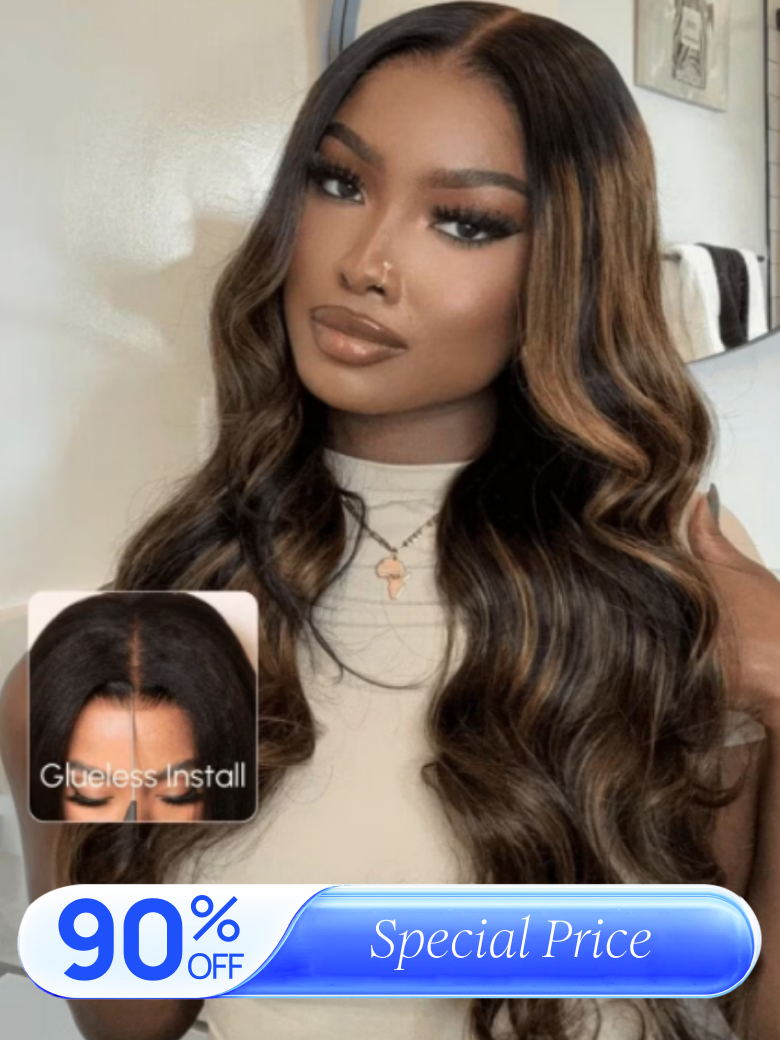 Nadula Flash Sale Brown Highlight Body Wave 7x5 Byebye Knots Pre-Bleached Human Hair Wigs Put On And Go 790$