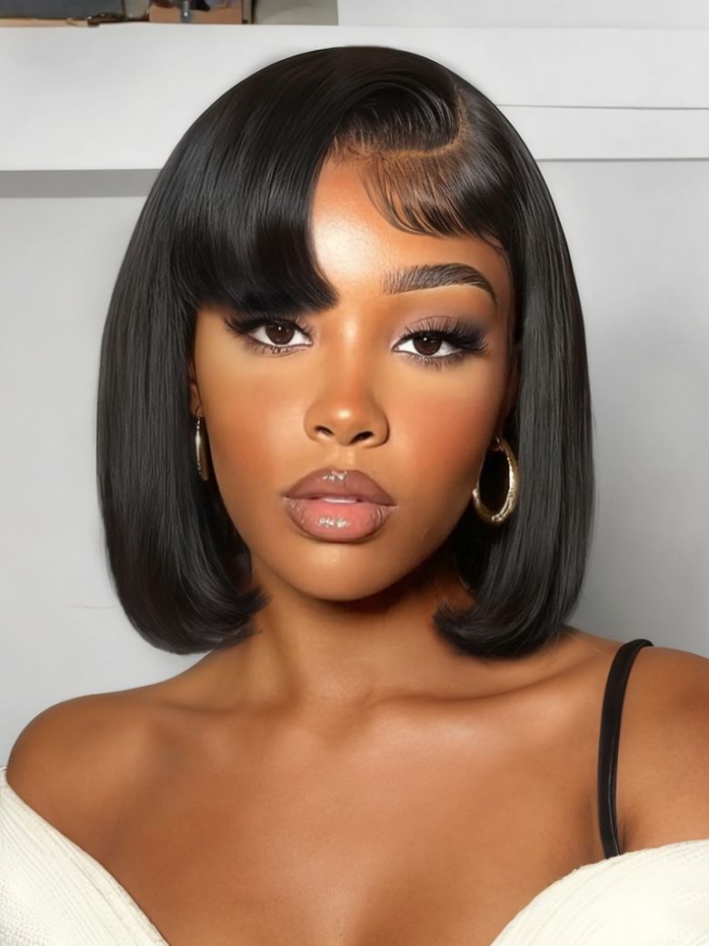 Nadula 13x4 Pre everything Chic Blunt Short Bob with Side Part Bangs Put On And Go Wig with Drawstring 164$