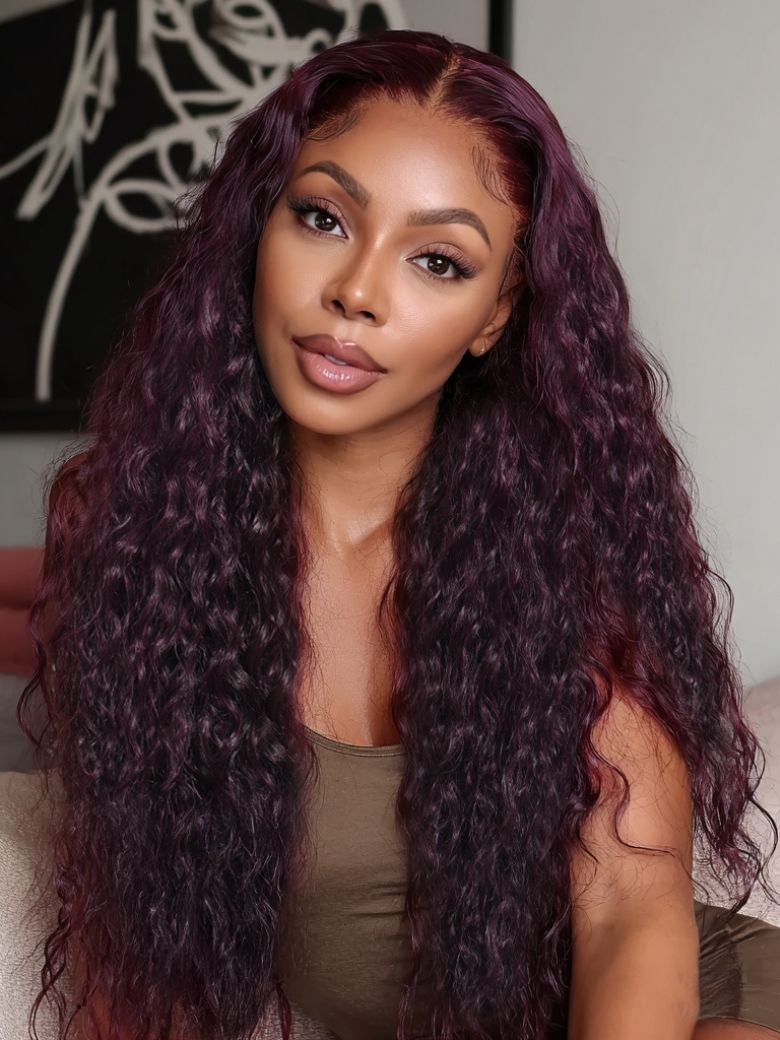 Nadula 13x4 Burgundy Plum Water Wave Lace Frontal Wig Pre-everything Invisible Knots Put on and Go Wig with Drawstring 183$