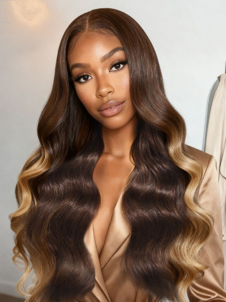 Nadula 7x5 Dark Chocolate Brown with Soft Golden Highlights Loose Wave Pre everything Put On And Go Wig with Drawstring