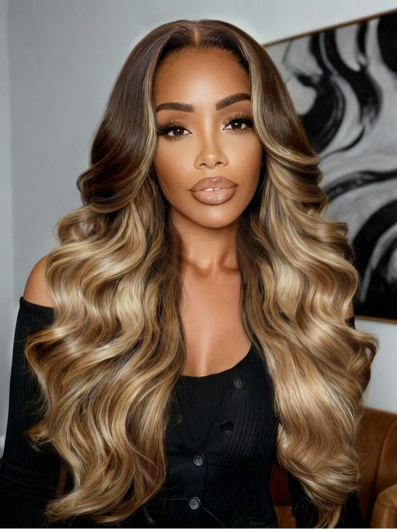 Nadula 13x4 Lace Front Honey Blonde Balayage Body Wave Wig with Chestnut Brown Root Put On And Go Gl