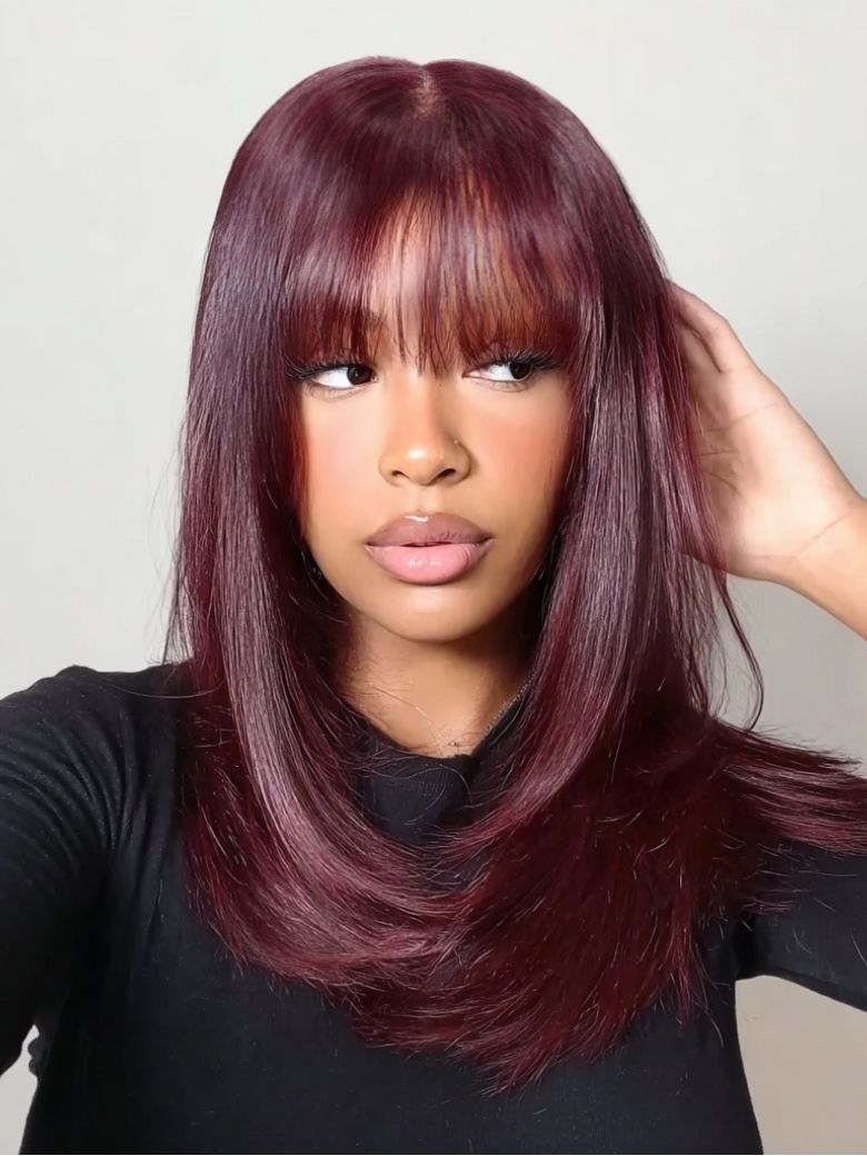 Nadula 7x5 Black Cherry Face-framing Layer Cut Straight Hair with Wispy Bangs Mid-length Bob Wig Inv