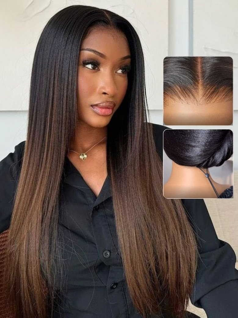 BOGO | Nadula Yaki Straight Chestnut Brown Ombre Color 7x5 and 13x4 Put On and Go Wig For Sale
