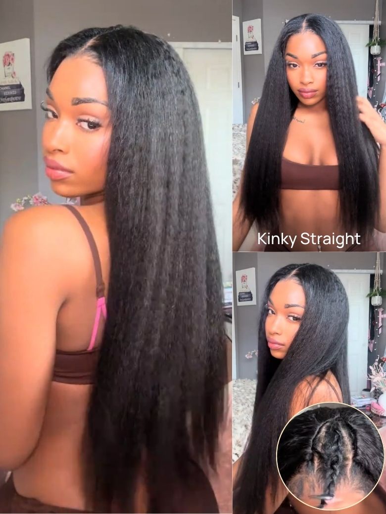 Nadula Light Scalplook™ V Part Yaki Straight Glueless Human Hair Wigs Kinky Straight Wig