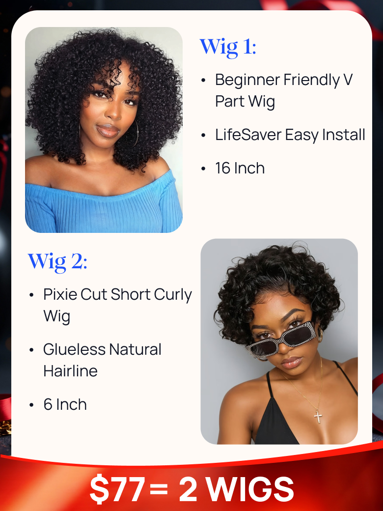 $77= 2 Wigs | Nadula Black Friday Sale 16 Inch Beginner Friendly V Part Wig and Afro Curly Guleless