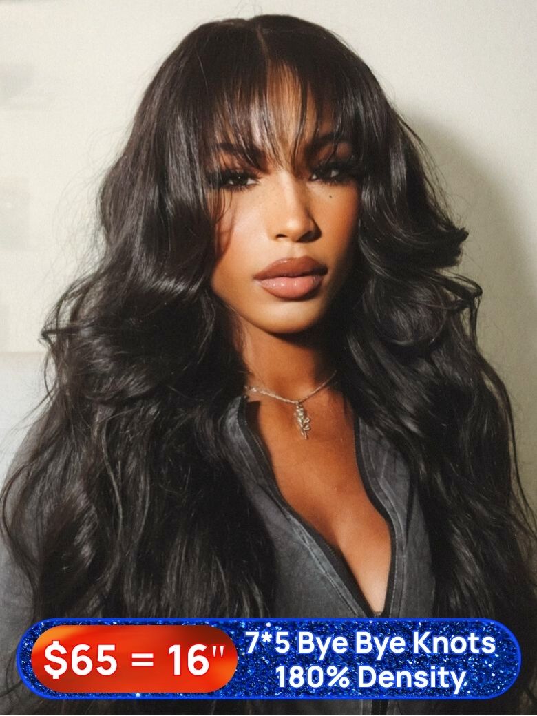 Nadula Flash Sale Body Wave 7x5 Bye Bye Knots Wig with Bang Pre-Bleached Lace Glueless Human Hair Wi