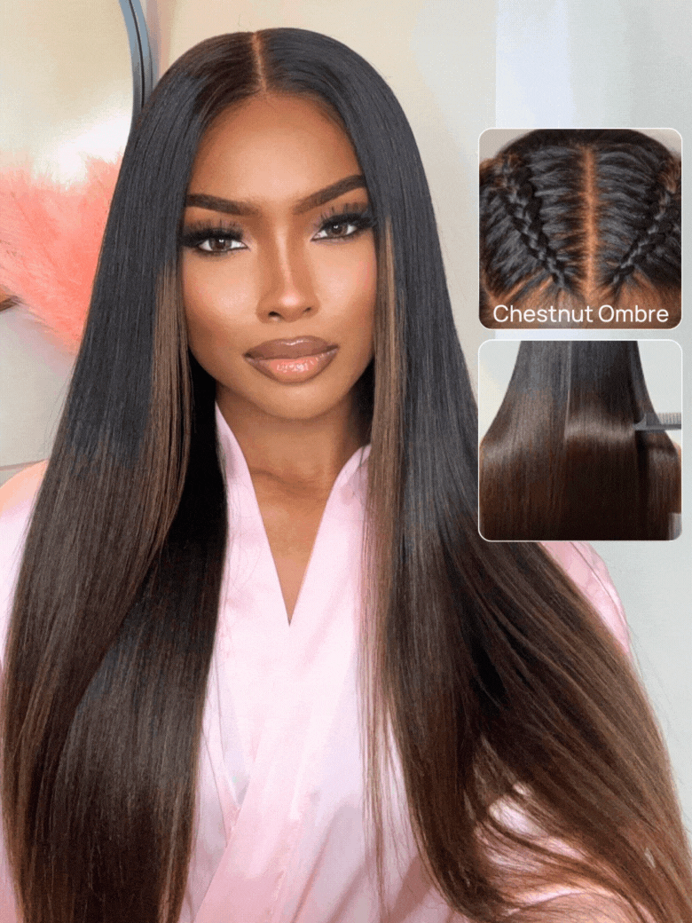 Nadula Brown 7X5 And 13X4 Chestnut Ombre Yaki Straight Put On And Go Wig Bye Bye Knots Glueless Human Hair Wigs