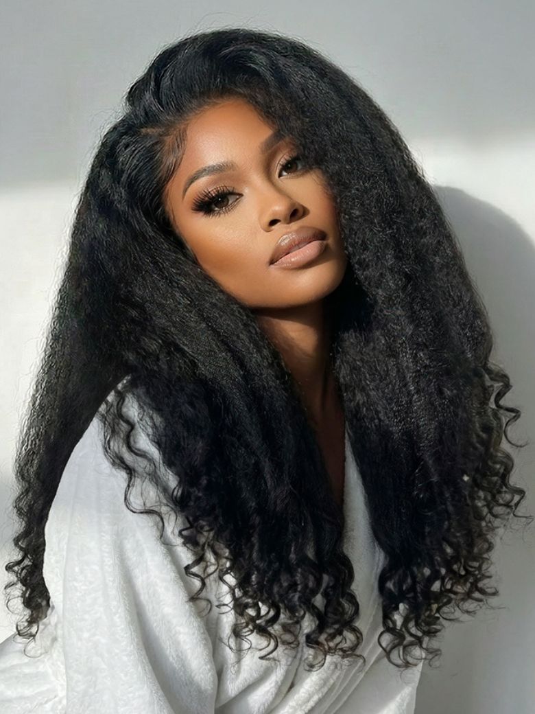 Nadula Women's Black Lifesaver Scalplook™ V Part Kinky Straight With Spiral Curly Ends Lightweight Glueless V Part Wigs