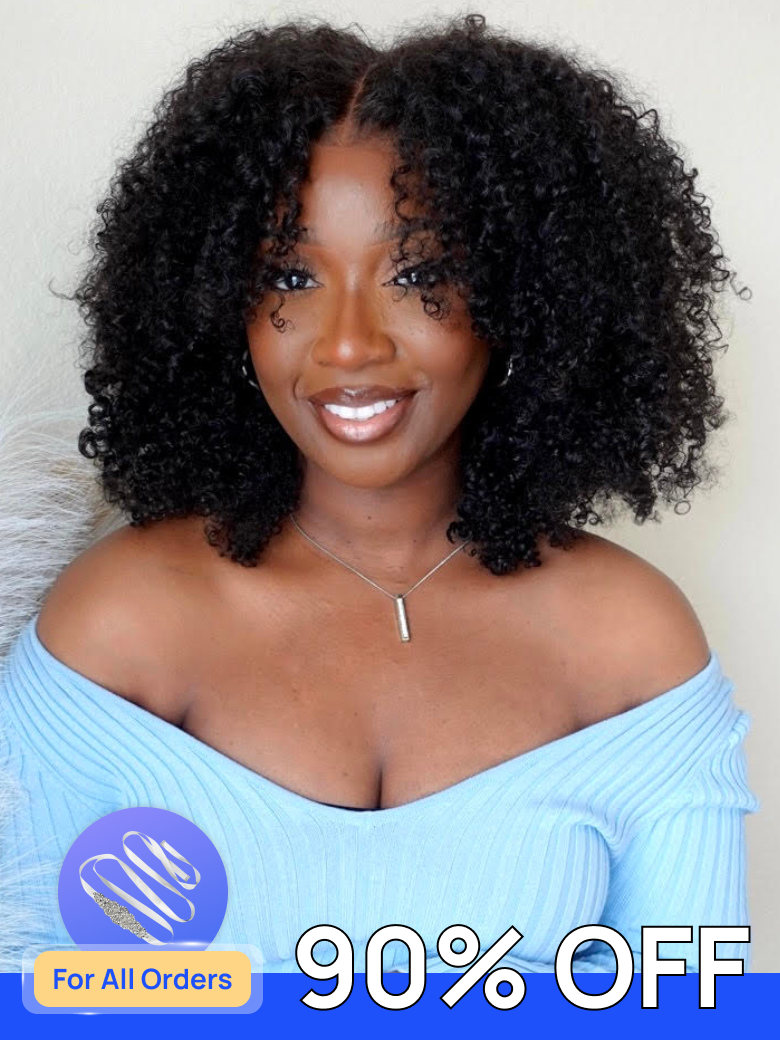 Nadula Flash Sale Kinky Curly V Part Wig And 7x5 Byebye Knots Closure Wig Put On And Go Human Hair W