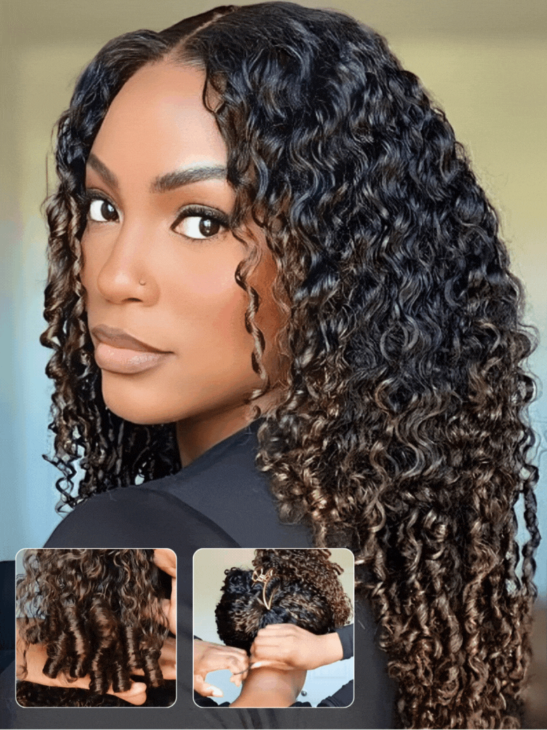 Nadula Flash Deal 7x5 Chestnut Brown Ombre Burmese Curly Glueless Wigs Elastic Drawstring Snug Fit Put On and Go Wig with Finger Coils Ends