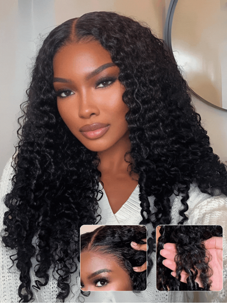 Nadula Women's Black 7X5 And 13X4 Burmese Curly Wig With Finger Coil Ends Put On And Go Spiral Curls Human Hair Wigs