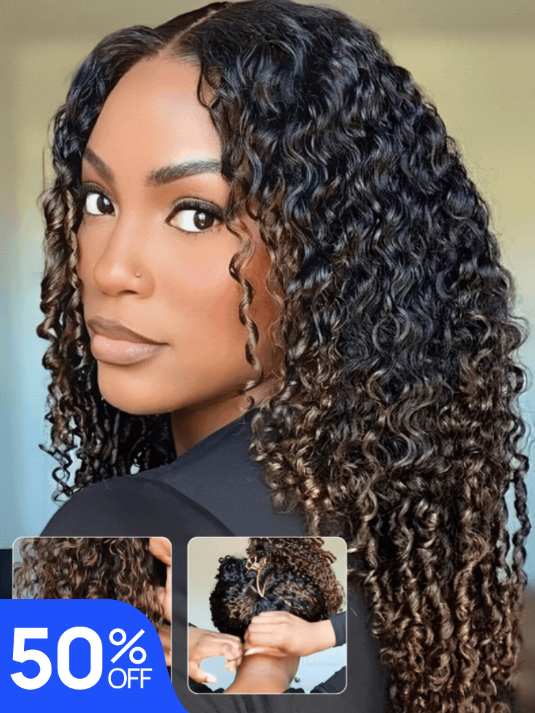 $69=16inch | Nadula Flash Sale V Part Wig  Chestnut Brown Ombre Burmese Curly With Finger Coil Ends