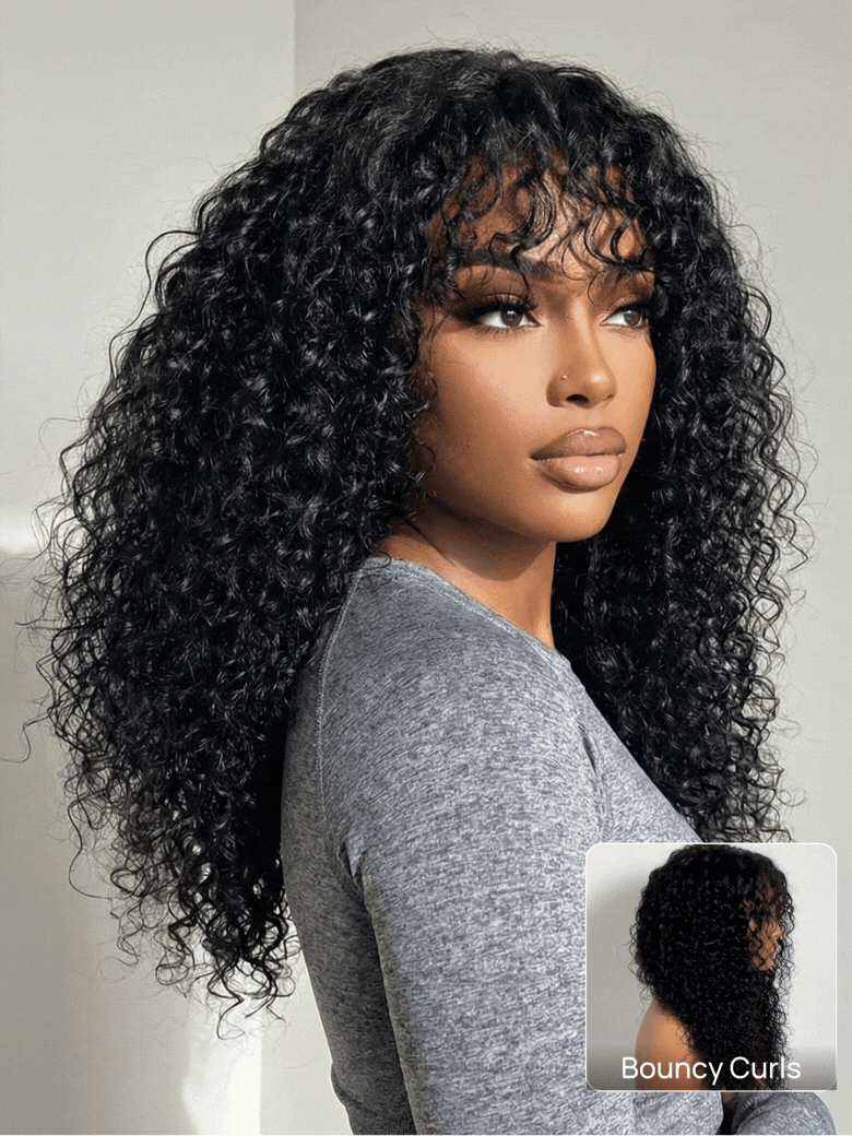 Nadula 4X1 Soft Life Look Natural Bouncy Curl With Layered Curly Bangs Afro Curl Volume Glueless Human Hair Wig