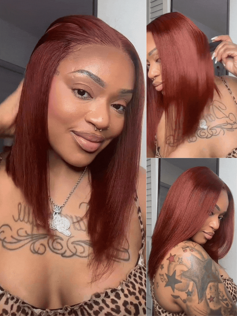 Nadula Brown Bye Bye Knots Yaki Straight Bob Wig Reddish 7X5 Pre-Bleached Natural Looking Glueless Wig
