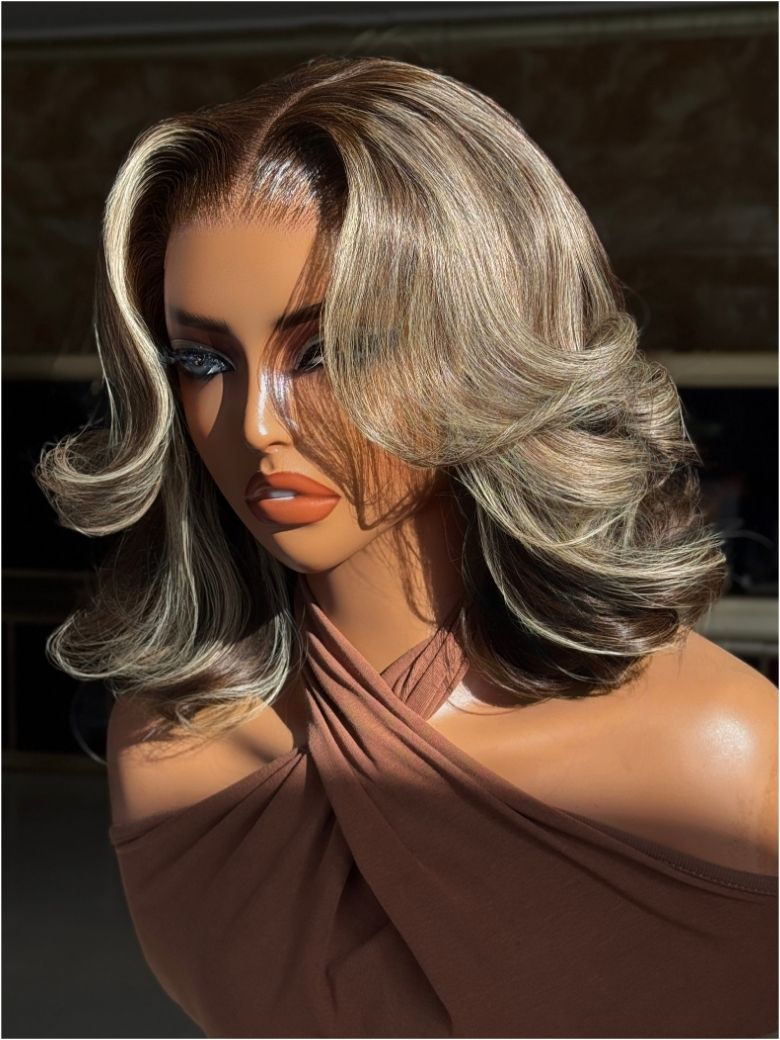 Nadula Dark/Brown 13X4 With Honey Blonde Highlights Blow Out Wavy Bob Wig With Layers Put On And Go