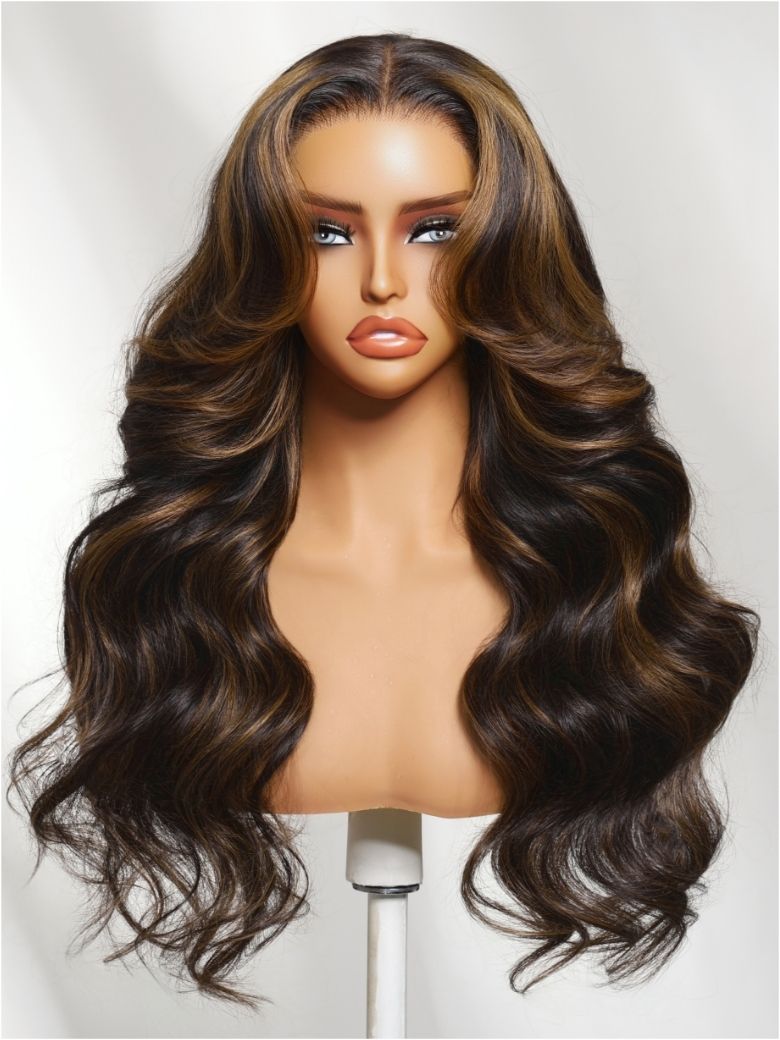 Nadula 7x5 No Slip Wig Golden Brown Highlight Wig Body Wave Lace Closure Glueless Human Wig with Dra