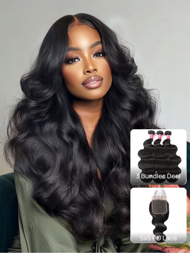 Nadula 5x5 HD Lace Closure With Body Wave And Straight Hair Virigin Human Hair 3 Bundles Natural Bla
