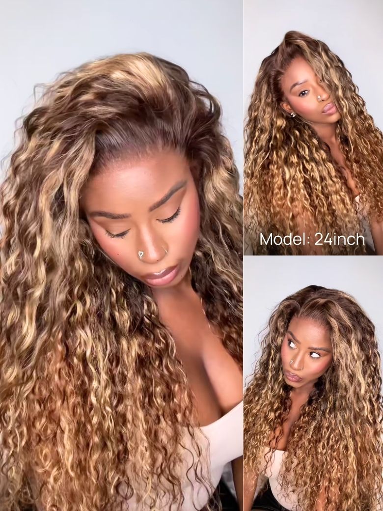 Nadula 13x4 Caramel Brown with Honey Blonde Highlights Wig No Slip Water Wave Put on and Go Lace Frontal Wig