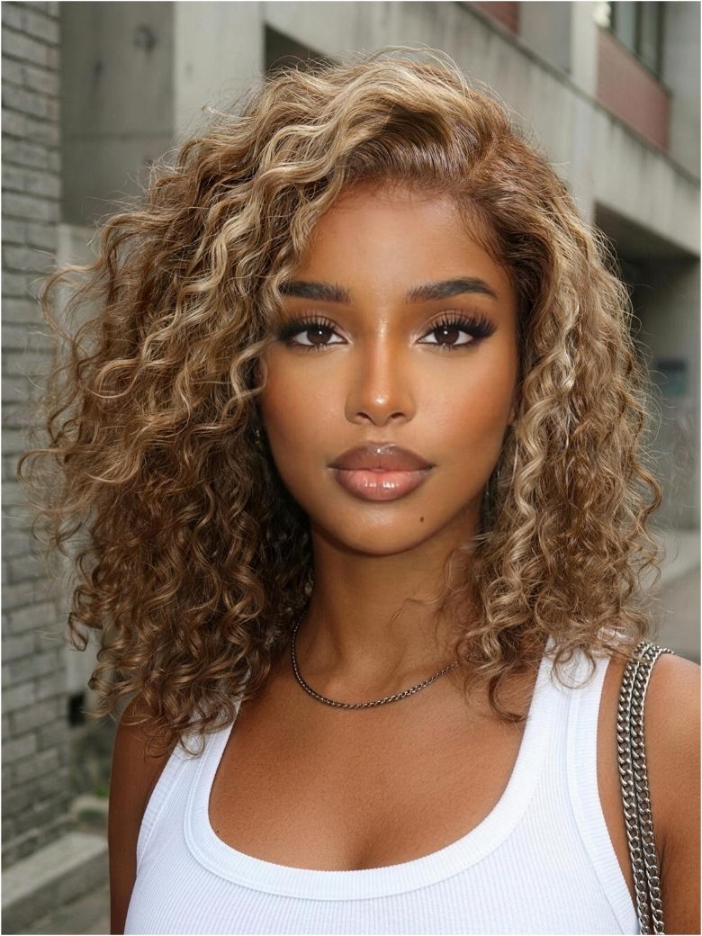Nadula Brown 7X5 No Slip Wig With Honey Blonde Highlights Sun-Kissed Curly Hair Shoulder-Length Bob Wig Put On And Go