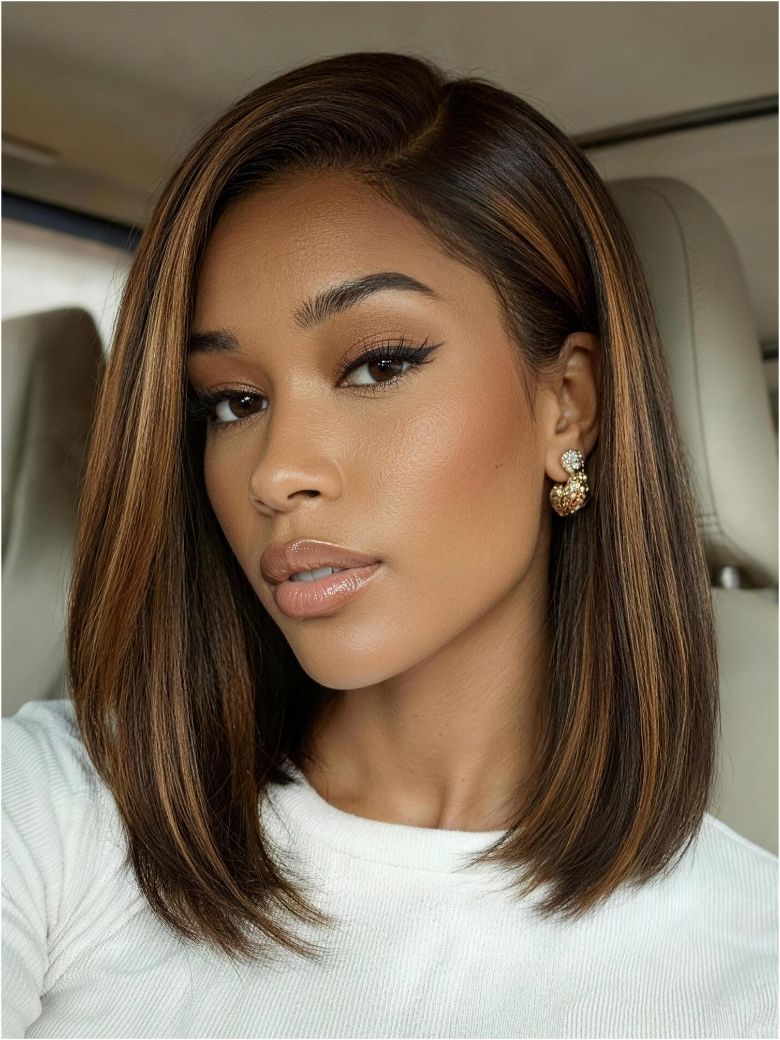 Nadula Black 7X5 No Slip Wig With Caramel Highlights Side Part Yaki Bob Wigs Glueless Human Wig With Drawstring