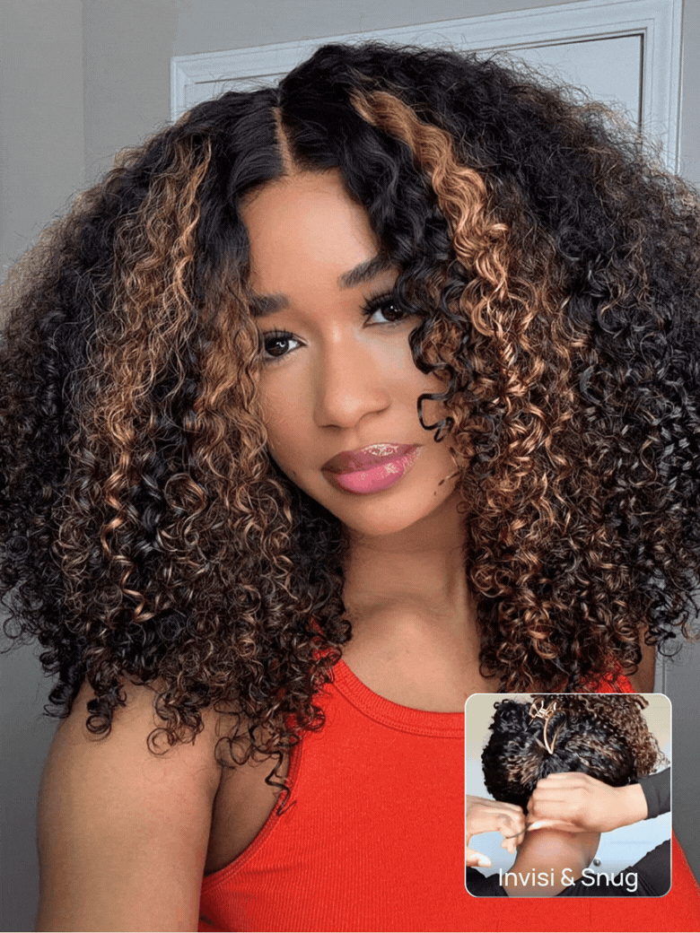 Nadula 7X5 Golden Brown Highlight 150% 7X5 No Slip Wig Golden Brown Highlight Wig Kinky Curly Lace Closure Glueless Human Wig With Drawstring