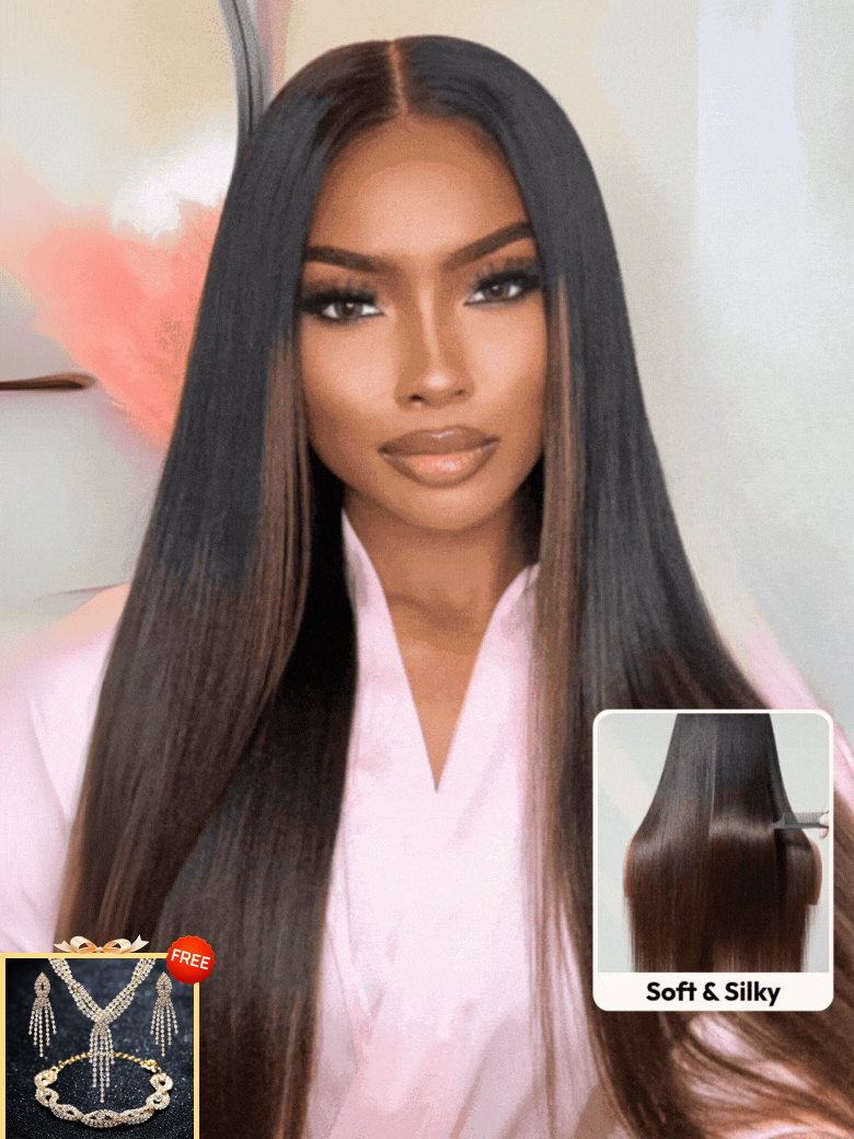 Nadula 7x5 Chestnut Brown Ombre Yaki Straight Put On and Go Wig Bye Bye Knots Glueless Human Hair Wigs