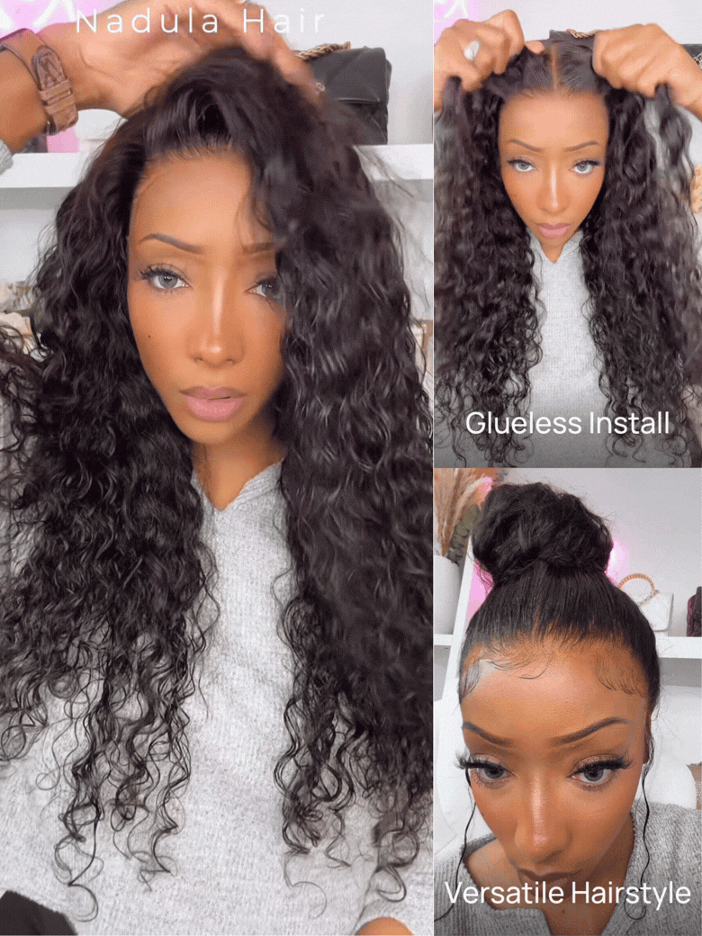 Nadula 7×5 Lace Frontal Wig Invisible Knots Water Wave Human Hair Wigs with Elastic Drawstring