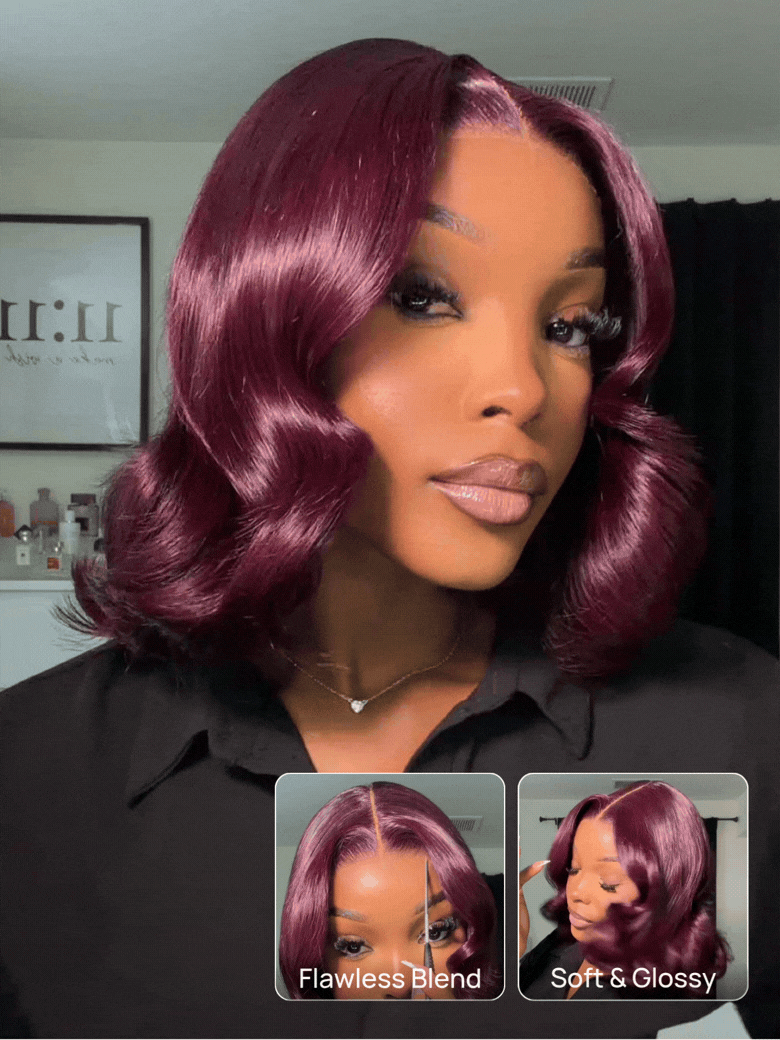 Nadula 7x5 No Slip Wig Black Cherry Red Bob Wig with Curtain Fringe Put On And Go Wig with Invisible