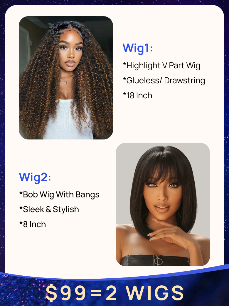 $99=2 Wigs| Nadula Flash Deal 18 Inch Highlight Curly V Part Wig with Drawstring and 8 Inch Bob Wig