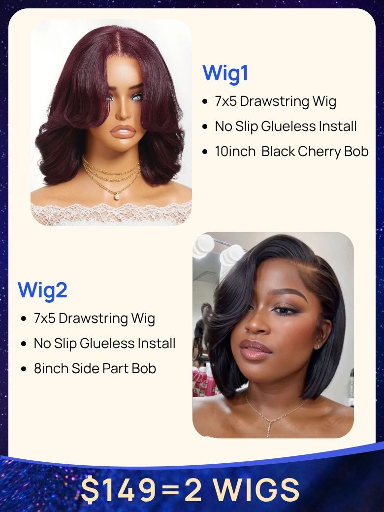 $149=2 Wigs | Nadula 7*5 Bye Bye Knots 10 Inch Black Cherry Body Wave Lace Wig and 8 Inch Bob Wig wi
